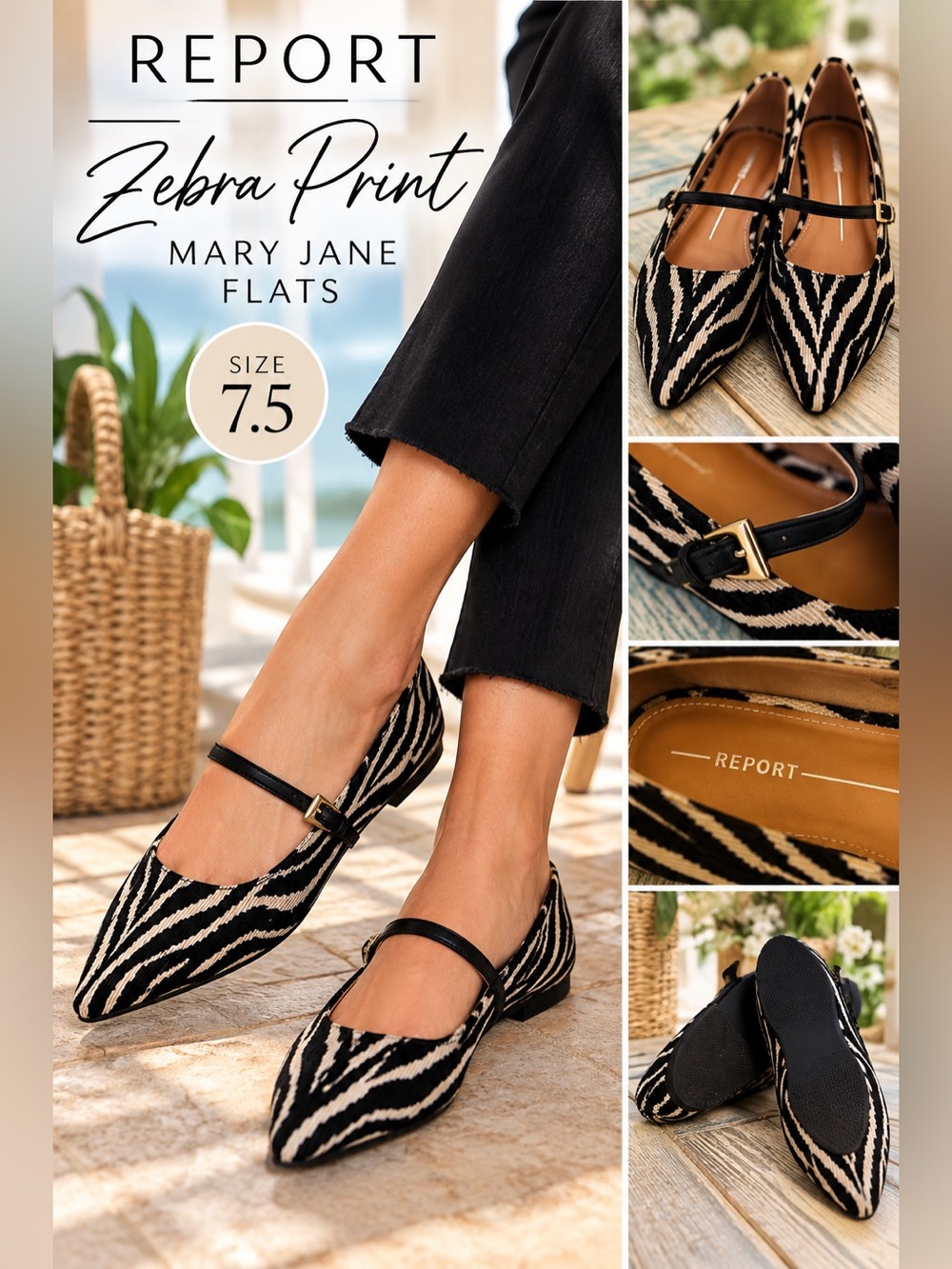 Report Womens 7.5 Zebra Print Mary Jane Pointed Toe Ballet Flats